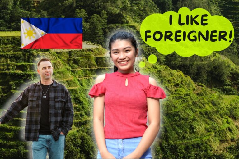 Featured Image for article about why filipinas are so desirable for expats. Image includes me (Eric James), a cute Filipina woman, Philippines flag, text saying "I Like Foreigner", and background of the chocolate hills of Bohol.