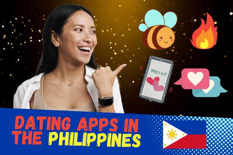 Featured image for article about the best dating apps in the philippines for foreigners. Image has beautiful Filipina woman pointing to different dating apps, with text "Dating Apps In The Philippines", with a Philippines flag.