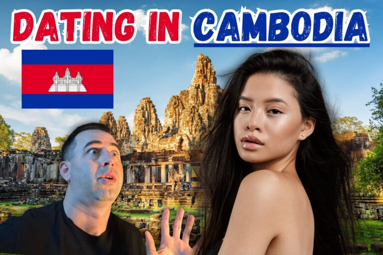 Featured image for article: Dating Women In Cambodia: A Guide For Foreigners. Image has foreigner looking at Cambodian Supermodel, background of Angkor Wat, Cambodian flag, and text "Dating In Cambodia".