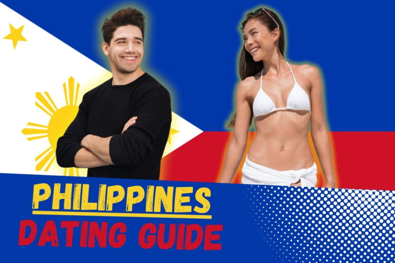 Featured Image for article that is a guide for Dating Women In The Philippines For Expats. Image has background of Philippines flag, text "Philippines Dating Guide", a hot Filipina woman, and an American expat.