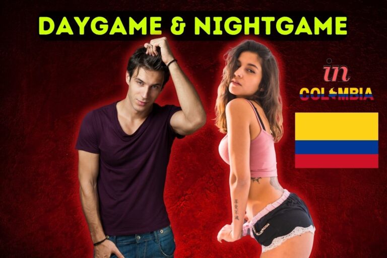 Attractive foreign man and attractive Colombian woman on a red background with the text "Daygame & Nightgame In Colombia".