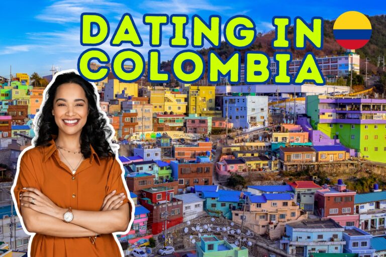 Colombia woman in Medellin, Colombia with the text "Dating In Colombia".
