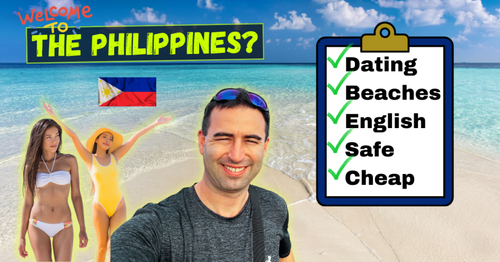 Featured image for article about why foreigners love the philippines. Picture of Eric with two beautiful Asian women behind, and the reasons being dating, beaches, English, Safe, and Cheap.