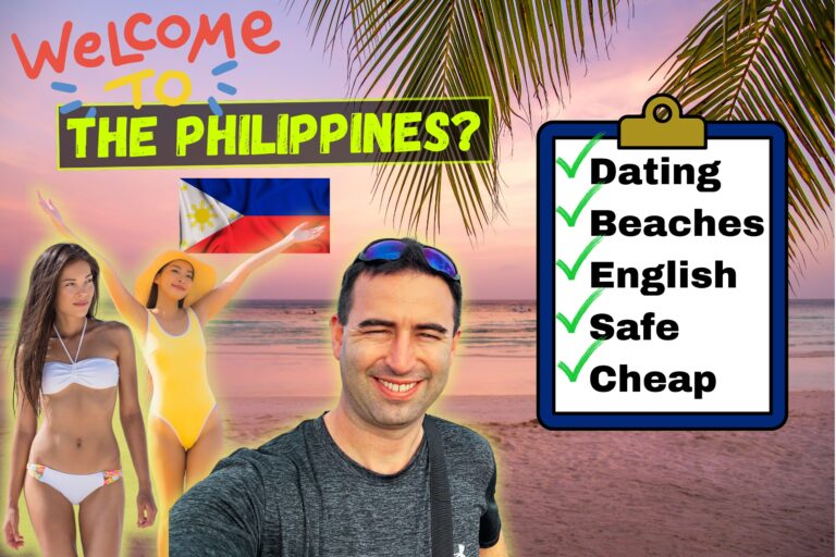 Featured image for article about why foreigners love to travel and live in the Philippines. Image has background of beach, two hot filipina models, me (Eric James), a checklist, and text saying "Welcome to the Philippines".