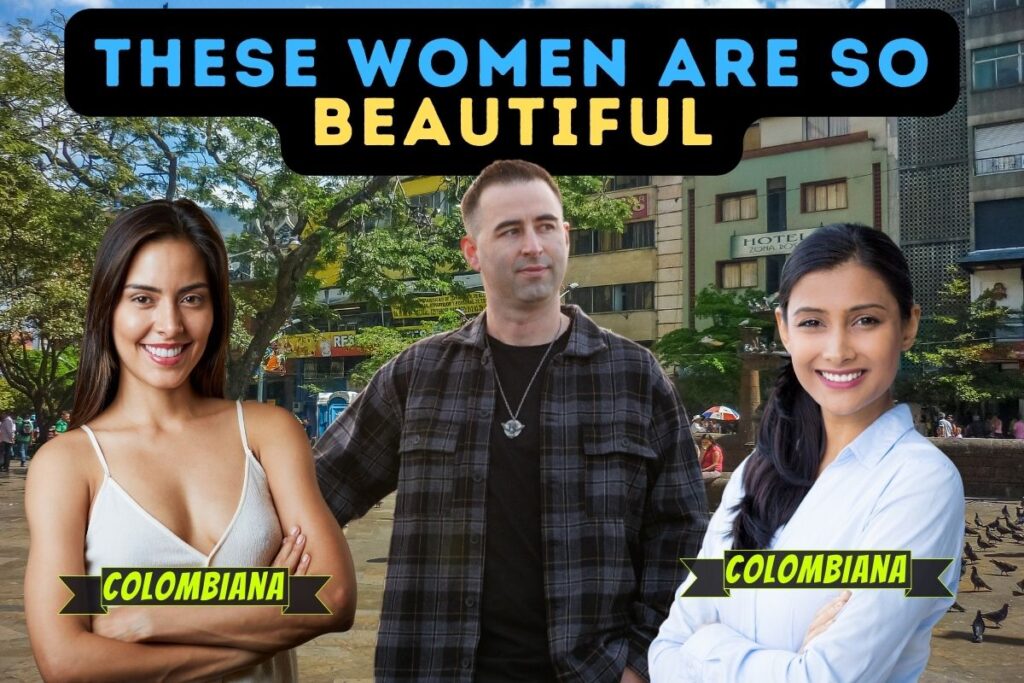 Attractive man standing with two beautiful Colombian women in Botero Square in Medellin, Colombia.