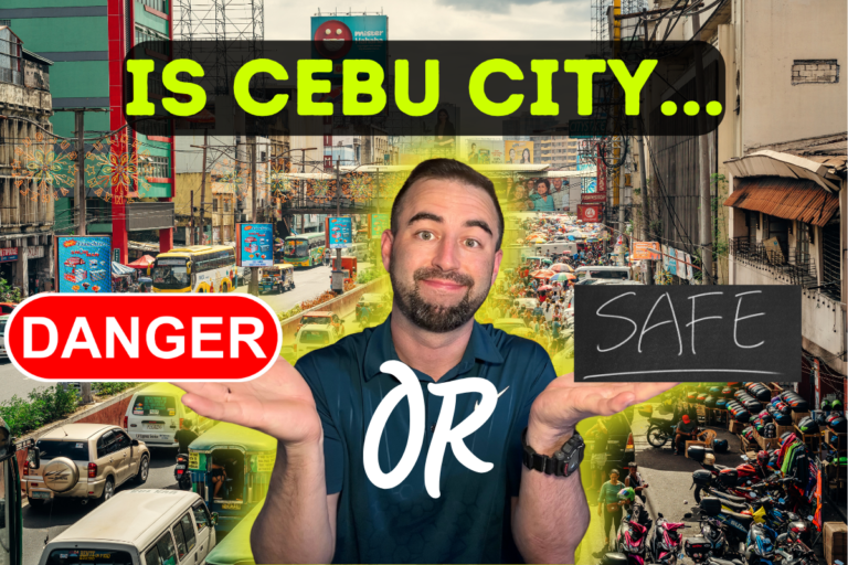 Picture of Eric James from Roaming Romances with a background of Cebu City with the text of "Is Cebu City..." dangerous or safe?