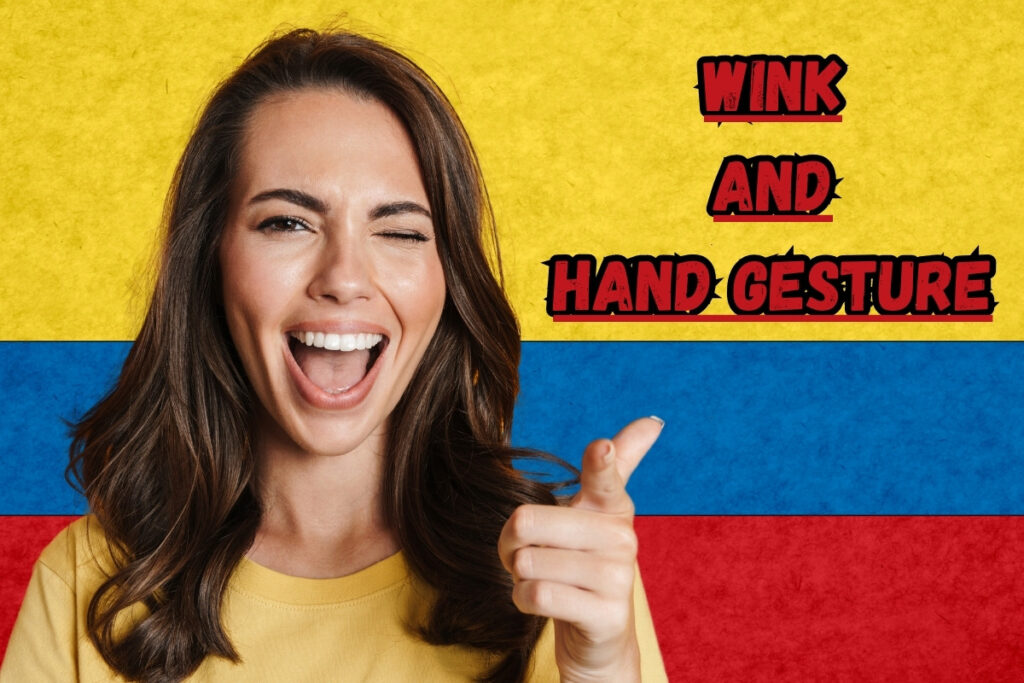 Image of Colombian woman flirting by winking and making a hand gesture, flirting techniques, with text "wink and Hand Gesture".