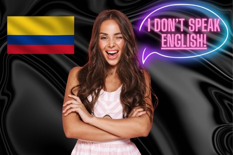 Beautiful Colombian woman standing in front of a black background, with text "I don't speak English!"