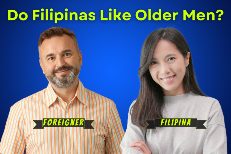 Older Western foreign man next to a beautiful Filipina woman with the text "Do Filipinas Like Older Men?"