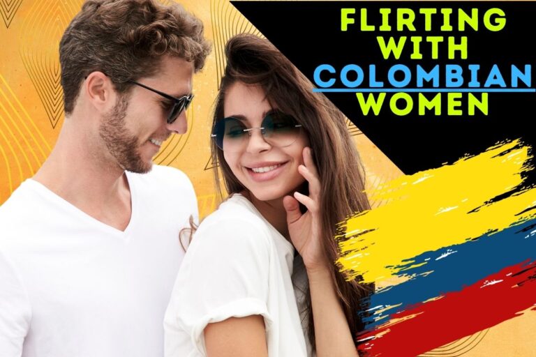 Sexy Colombia woman dancing with foreigner, with an orange background and text saying "Flirting With Colombian Women".