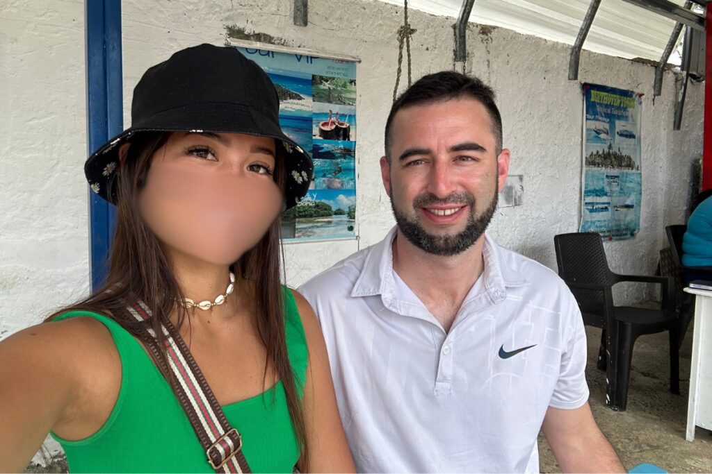 American tourist with hot Colombian girlfriend on a vacation in San Andres island, Colombia.