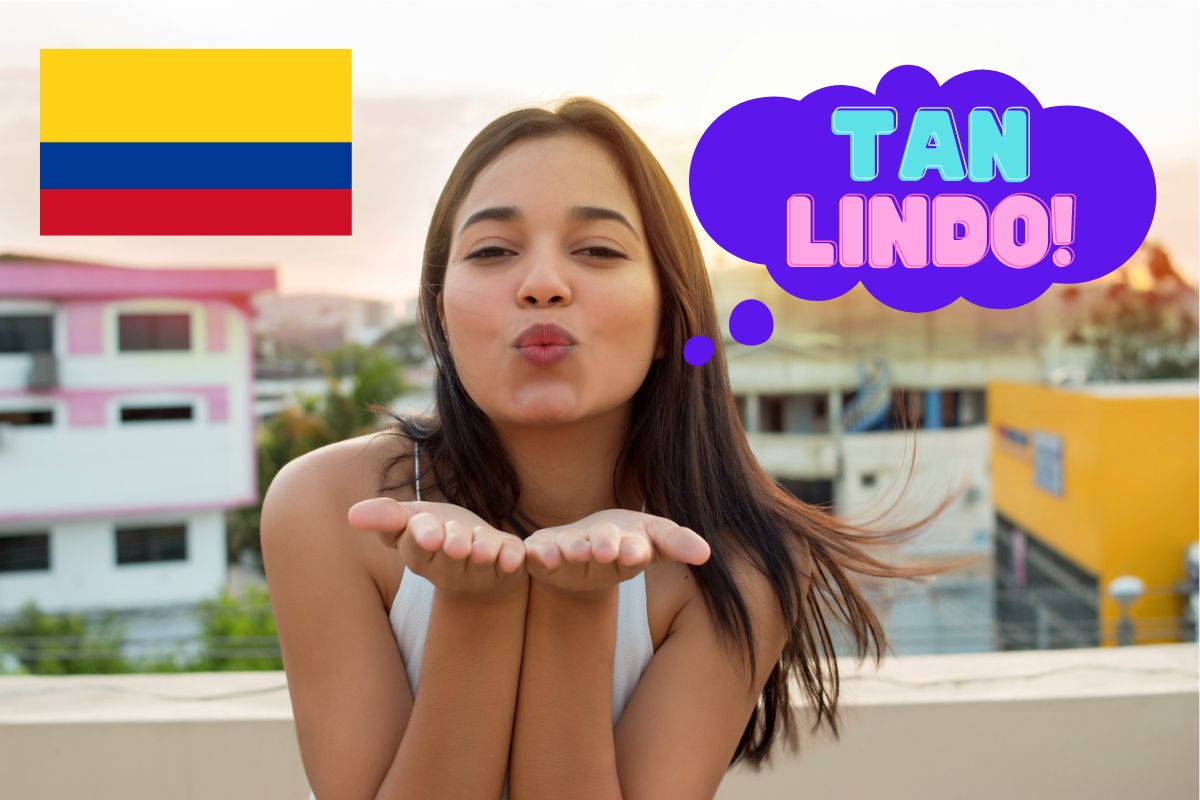 Colombian woman standing on a balcony blowing a kiss, with a colombian flag and text saying "Tan Lindo!".
