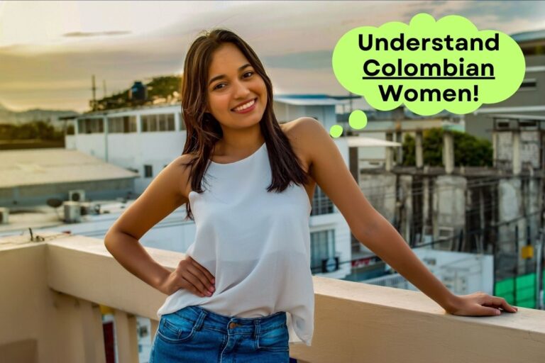 Beautiful Colombian woman standing on a balcony with a background sunset.