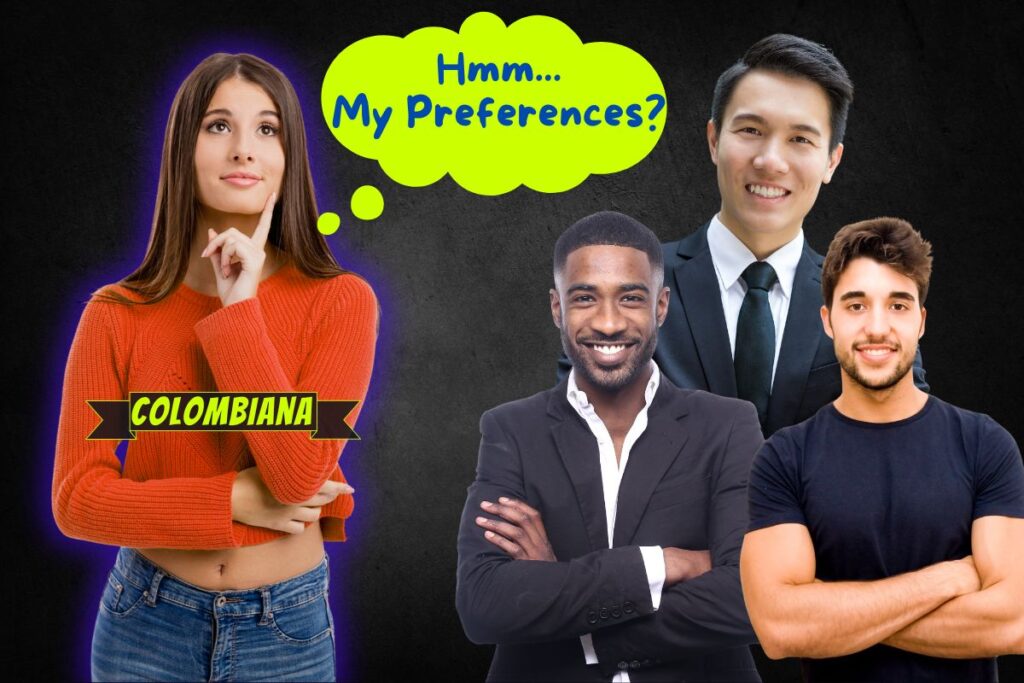 Beautiful Colombian woman pondering what type of men she likes, standing next to a black man, a white man, and an asian man.