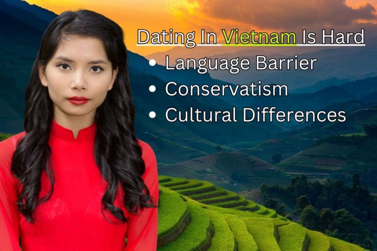 Gorgeous Vietnamese woman with a background of Vietnamese mountain. Text "Dating In Vietnam is Hard, language barrier, conservatism, cultural differences."