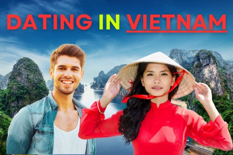 Beautiful Vietnamese women standing next to foreign boyfriend with a background of Vietnam nature, with text "Dating In Vietnam."