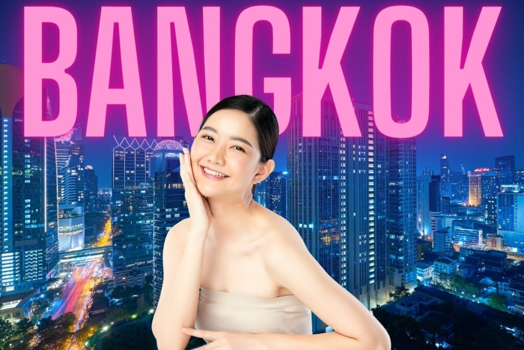 Beautiful Thai women with a background of downtown Bangkok, with the text "Bangkok".