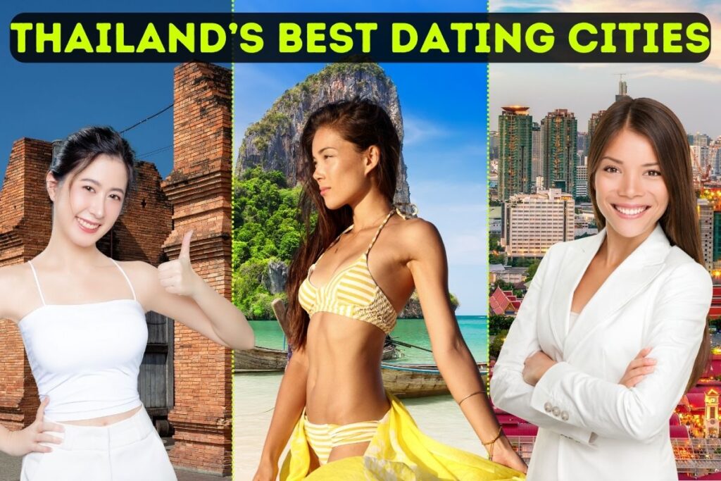 Picture of three beautiful Thai women, with a background section of Chiang Mai, Phuket, and Bangkok, with text saying "Thailand's Best Dating Cities".