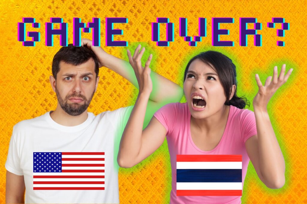 Attractive Thai woman shouting at her foreign boyfriend, with a yellow Thai design background, with text "Game Over".