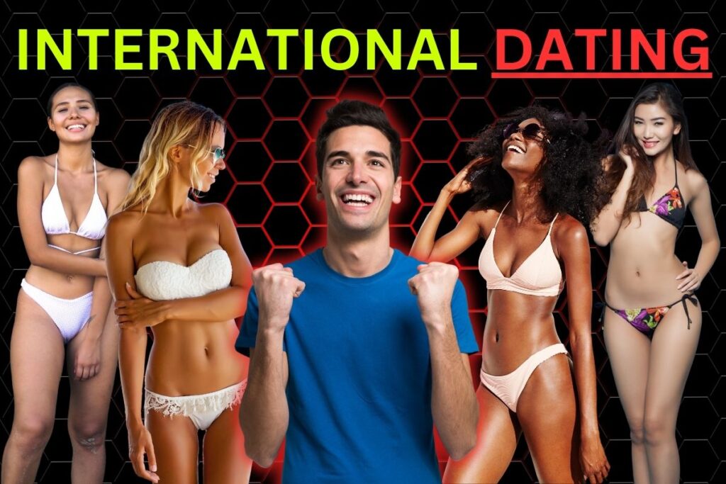 Picture of Western man surrounded by four exotic women (asian, latina, african, and eastern european), with text "International Dating".