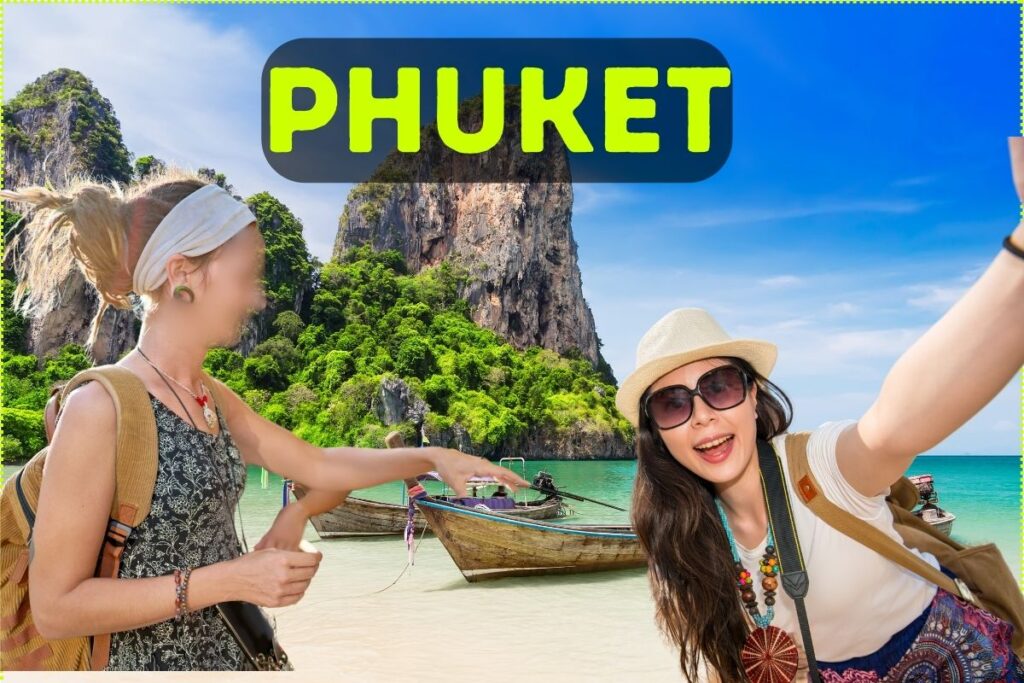 Hot backpackers in Thailand with a background of Phuket ocean and rocks.