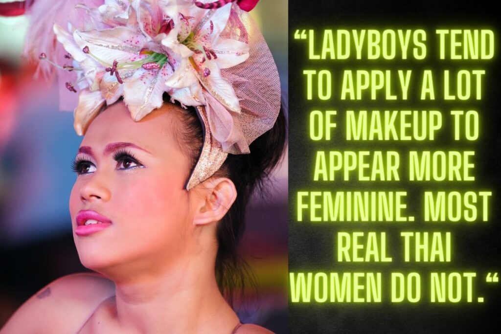 Thai ladyboy wearing a lot of makeup, with text saying “Ladyboys tend to apply a lot of makeup to appear more feminine. Most real thai women do not.“ 