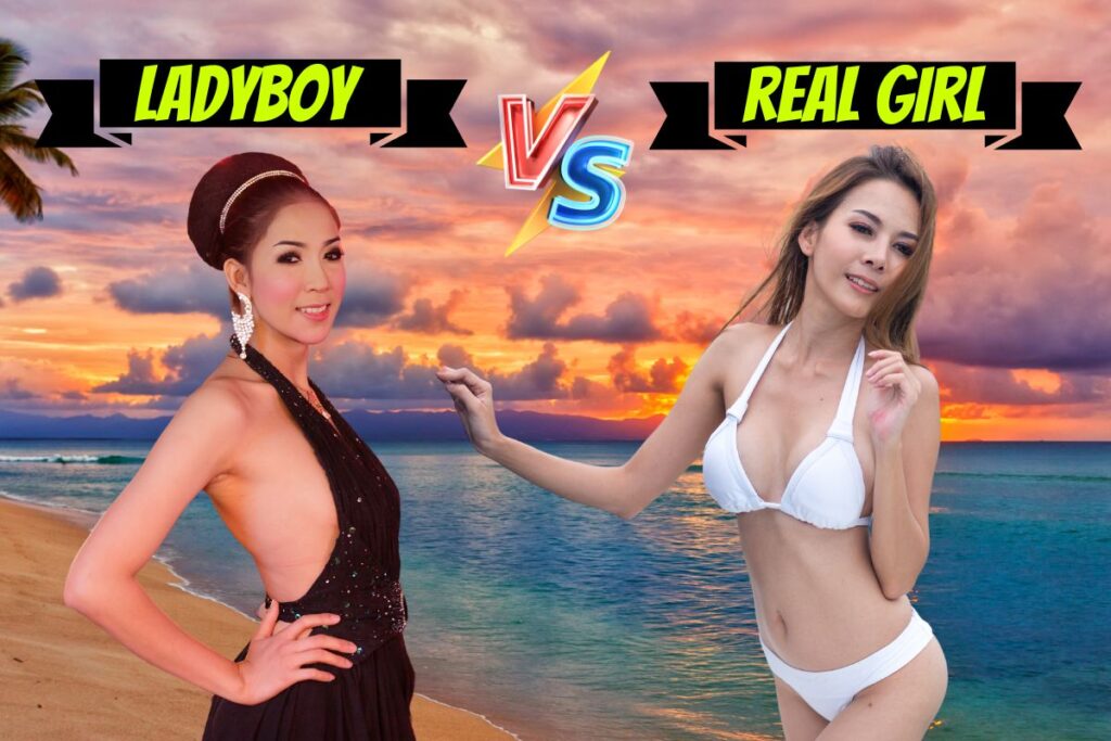 Ladyboy standing next to a real Thai woman with a background of a Thai beach. Text says, "Ladyboy vs Real Girl".