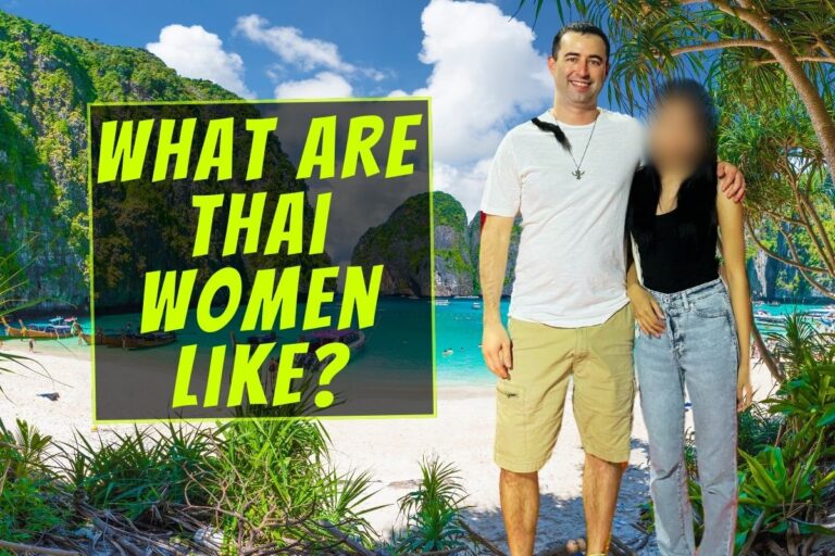 Beautiful Thai girlfriend with American boyfriend, with background of Phuket, and text saying "What Are Thai Women Like?".