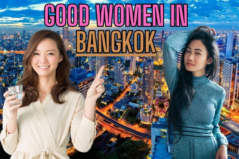 Two beautiful Thai women with a background of Bangkok skyline with text saying "Good Women In Bangkok"