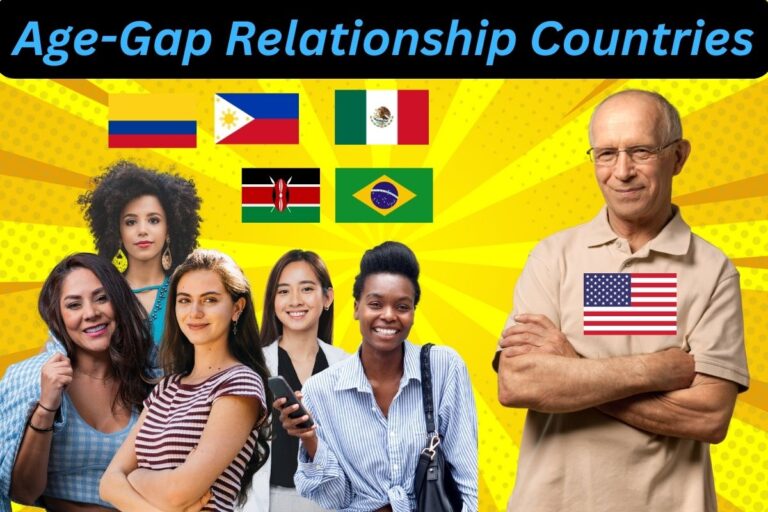 Featured image for best age-gap relationship countries for Western men and expats. Image is older American retiree, with hot women from Colombia, Brazil, Philippines, Mexico, and Kenya.