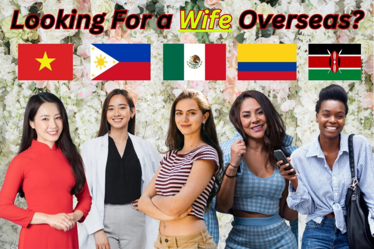 Featured image for article: 5 Best Countries To Find A Wife Overseas. With a flag and beautiful woman for each country: Vietnam, Philippines, Mexico, Colombia, and Kenya.