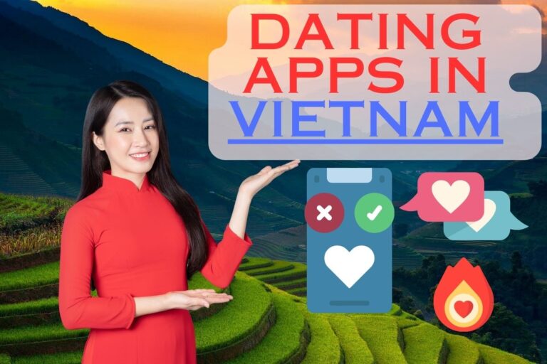 Beautiful traditional Vietnamese woman with a beautiful background of Vietnamese countryside, with text saying "Dating Apps In Vietnam."