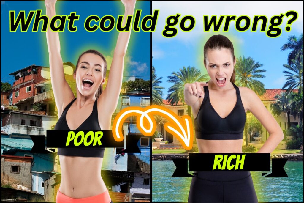 Featured image for blog article about reasons not to bring a foreign wife to your home country. Two pictures of the same beautiful woman. One poor and happy, and the other rich and angry, with text "What could go wrong?"