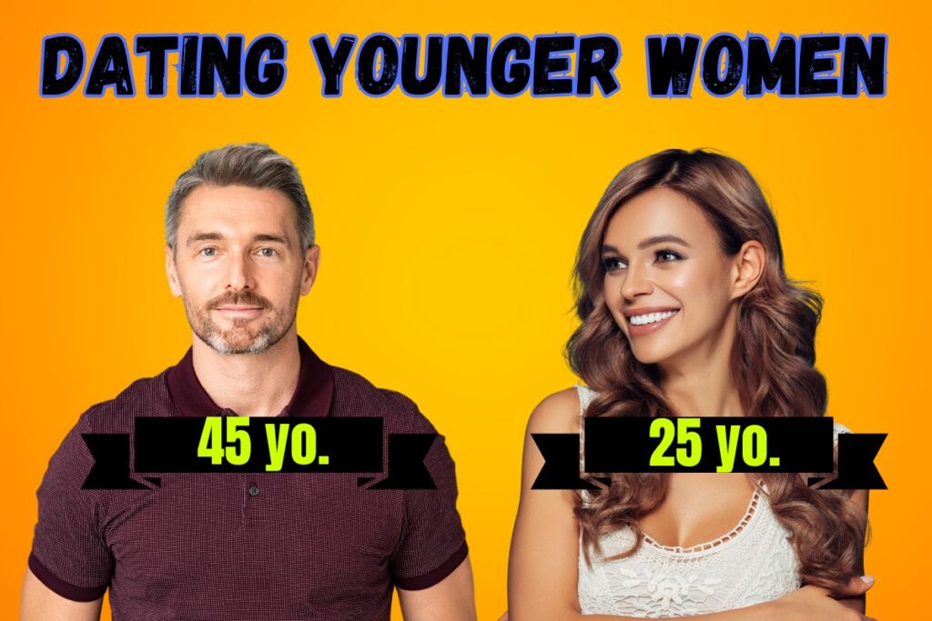 Image of 20 year age-gap-relationship, 45 year old man with younger 25 year old girlfriend, with text "Dating Younger Women".