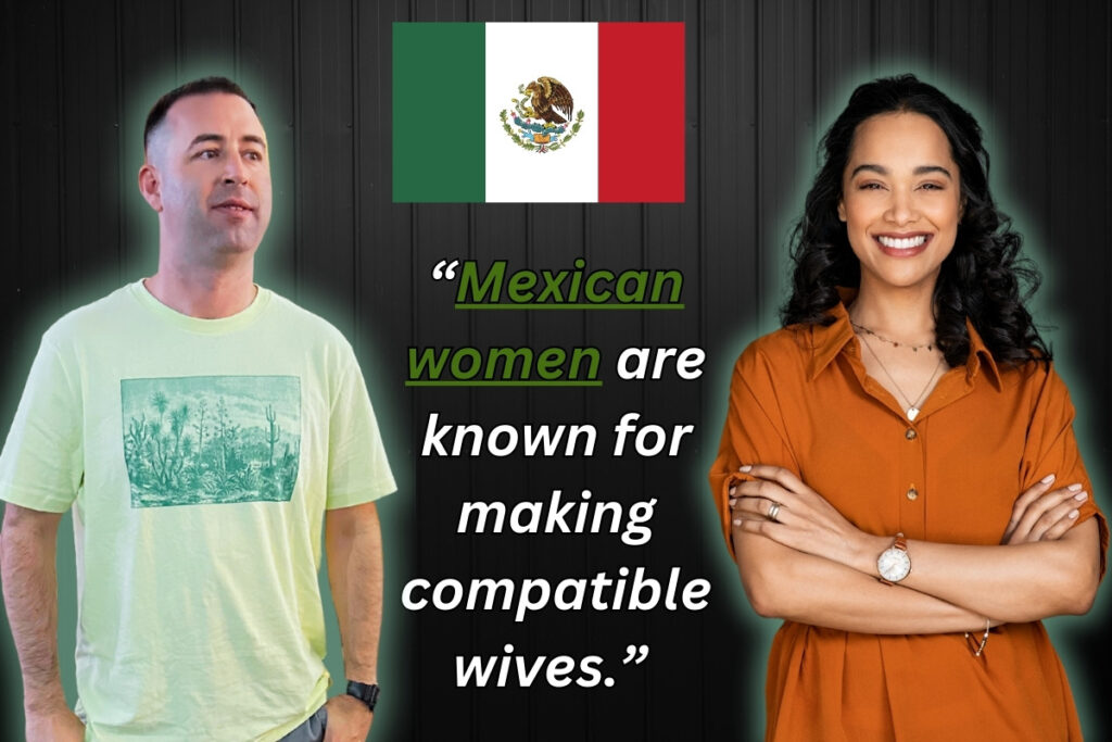 Image for blog article section on why Mexican women make good wives for foreigners. Image has Mexican flag, Eric James (me), and pretty Mexican woman.