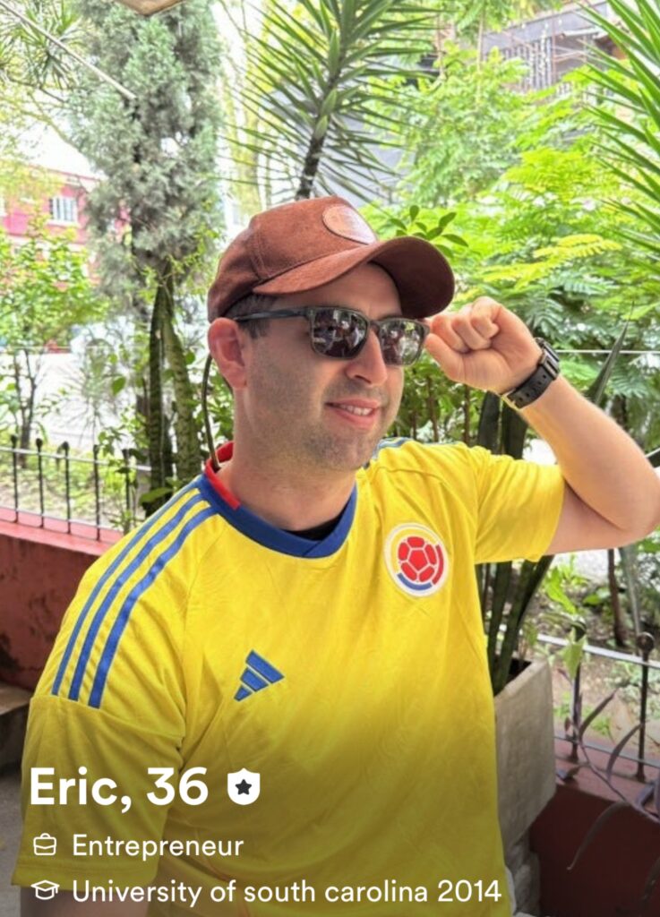 A good example of men's Bumble profile, me wearing a Colombian shirt, dating in Medellin.