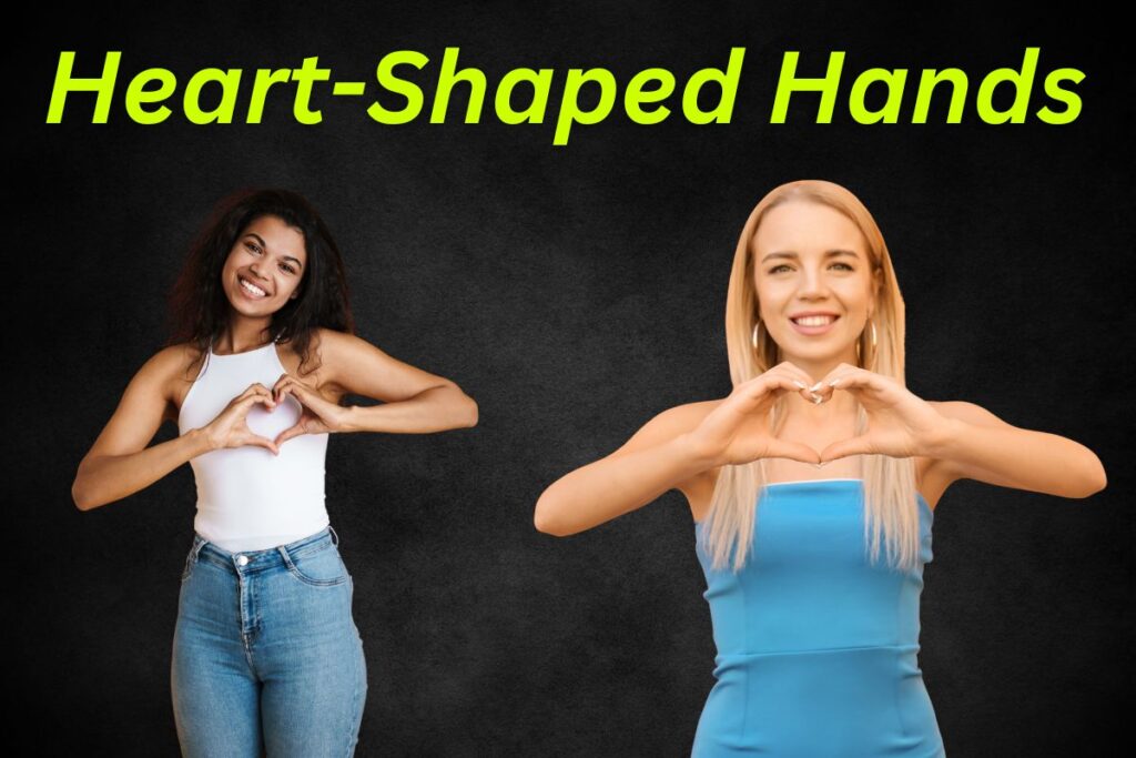 Two beautiful models  being silly, making heart shaped gestures with their hands, with text "Heart Shaped Hands"