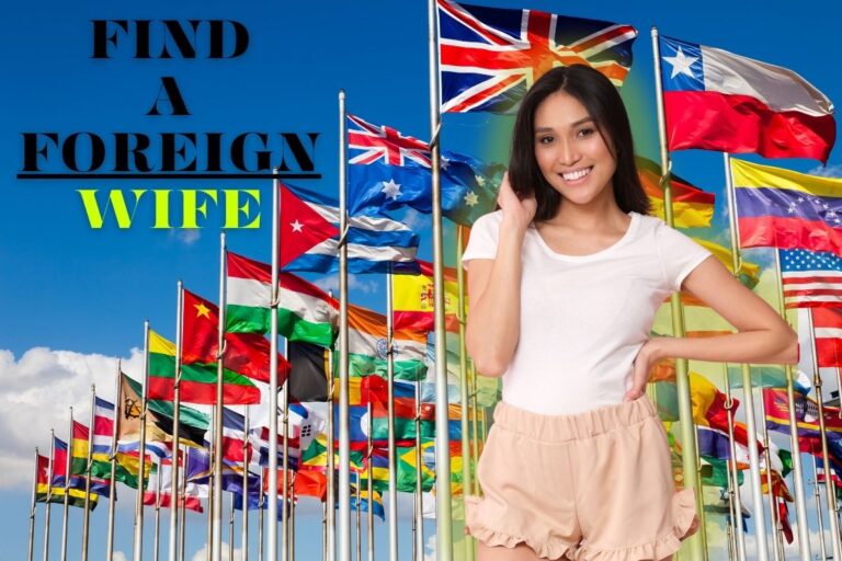 Beautiful asian wife with a background of many different country flags, text "Find A Foreign Wife."
