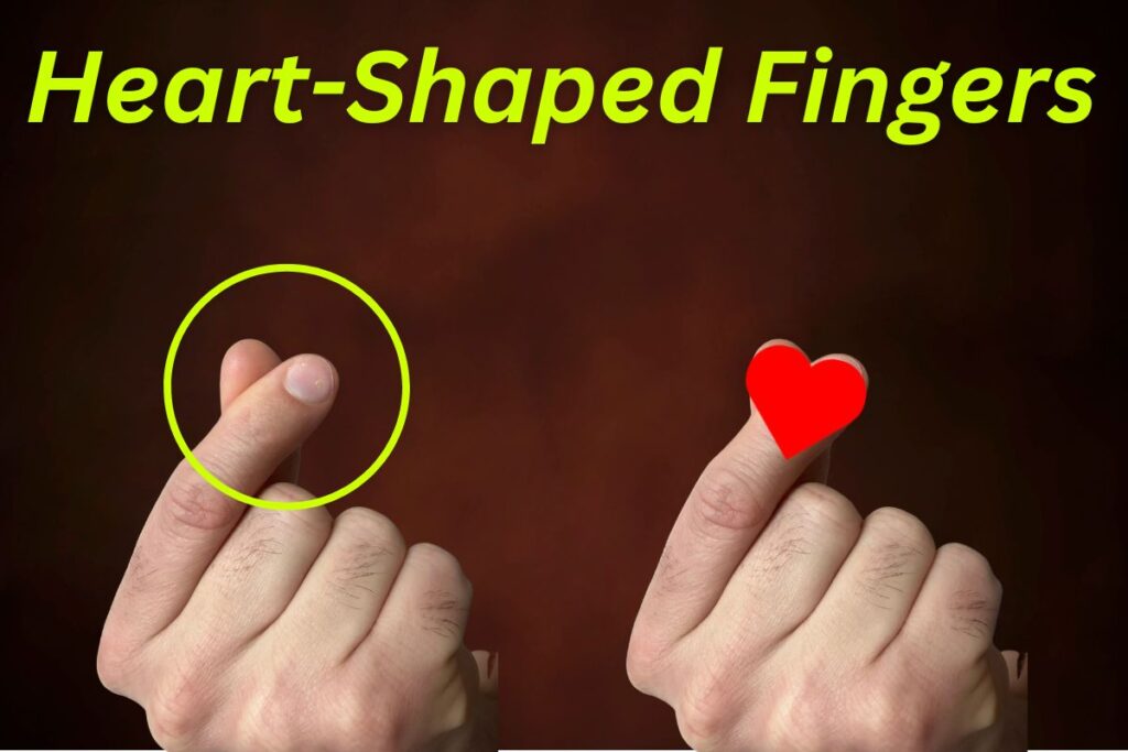 Image to display how to make a heart shape with your index finger and thumb. Two hands to demonstrate the easy technique, with text "Heart-shaped fingers".