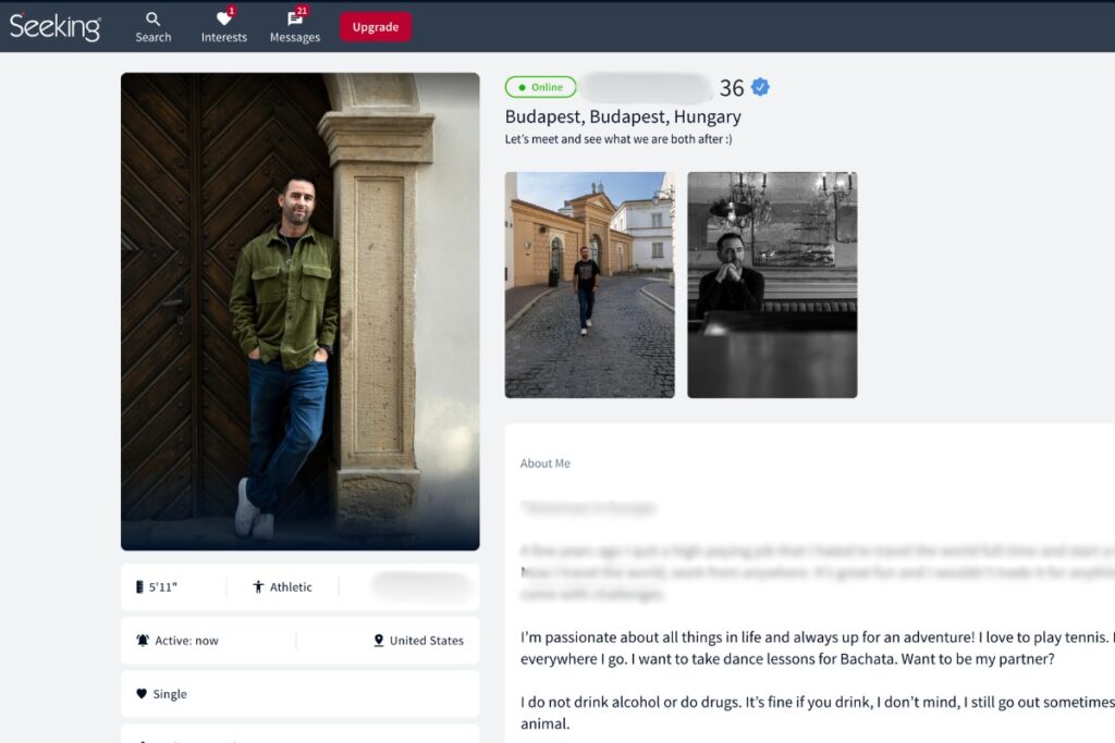 A screenshot of my seeking.com dating profile, sugar daddy dating profile example, with personal info blurred out.