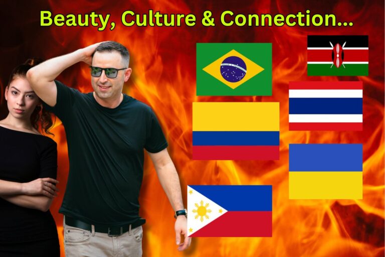 American traveler standing in front of international flags with a stylish local woman behind him, capturing the spirit of global adventure and cross-cultural connection.