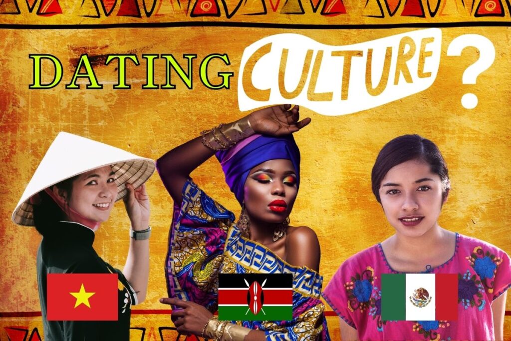 Featured image for article about Key Cultural Differences When Dating Internationally. Three beautiful women from Kenya, Mexico, and Vietnam, with text "Dating Culture?" in front of a Latin drawing background.