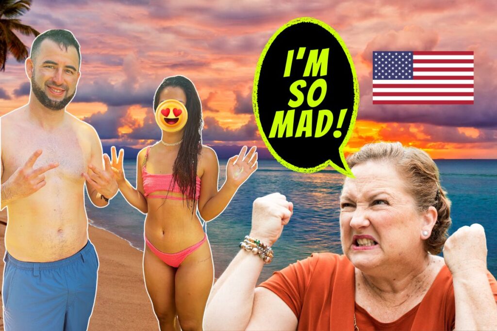 Featured image for article on "why do modern women hate the Passport Bros", with image of American man with beautiful Colombian woman, with American woman angry.