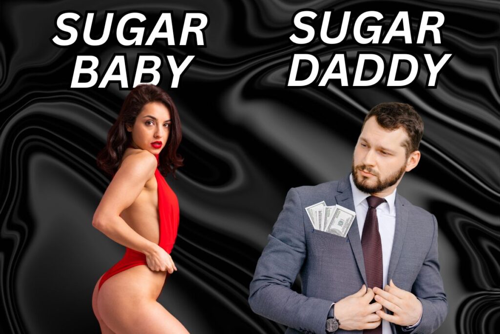 Featured image for article on How To Become An International Sugar Daddy". Picture with stunning sexy woman with rich man, with text "Sugar Baby" and "Sugar Daddy".