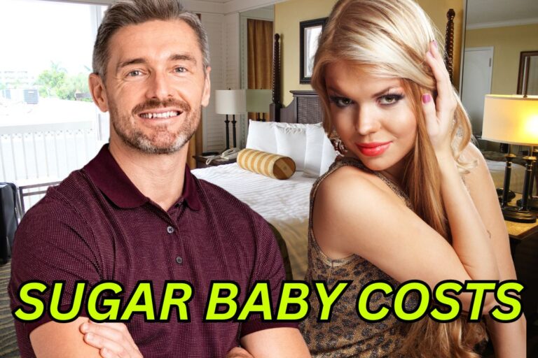 Featured image for article about How Much Sugar Babies Cost, with image of middle-aged successful man with a beautiful blonde woman, with text: "Sugar Baby Costs"