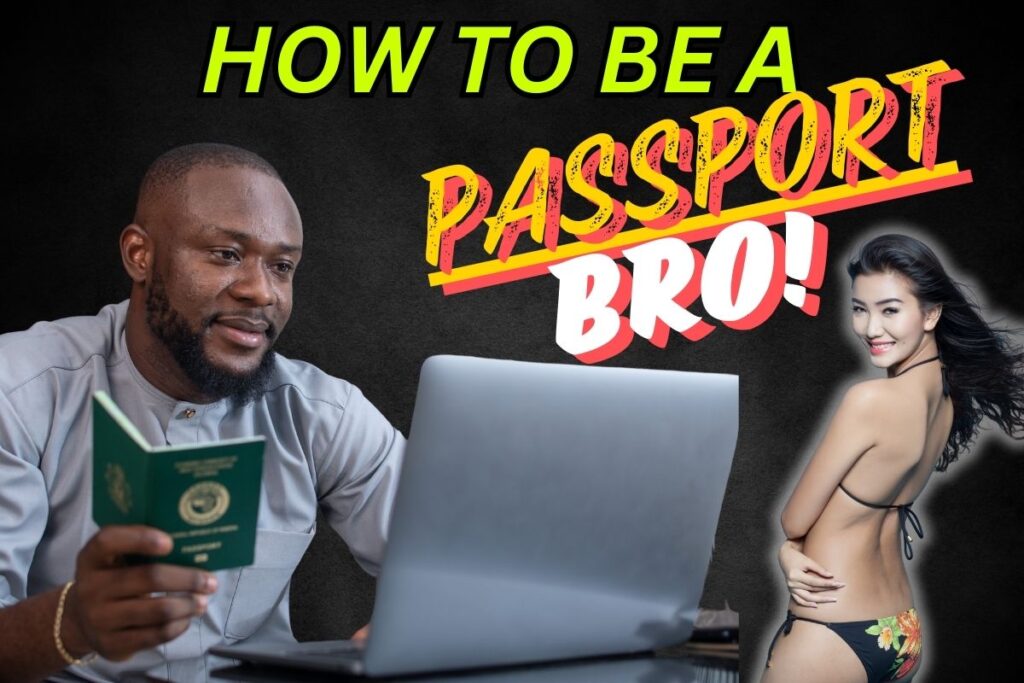 Featured image for article about "How to be a Passport Bro", with black man holding a passport and booking a flight with a beautiful Thai woman.