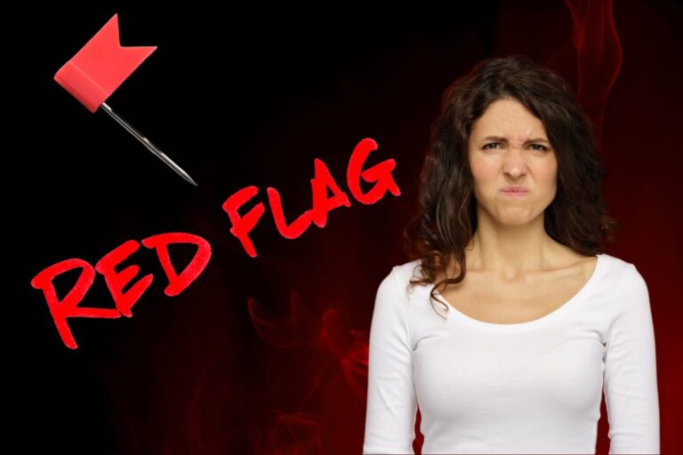Featured image for article about red flags when dating internationally. Pic has woman frowning with a red flag and text "red flag".