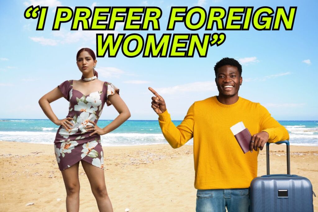 Featured image for article titled "Why Do Passport Bros Prefer Foreign Women", which image of Passport Bro pointing at hot Latin woman.