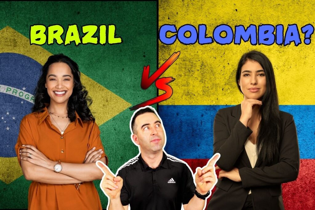 Eric James standing between a Brazilian woman and a Colombian woman, smiling and pointing to each side under the text 'Brazil vs Colombia'; both women appear stylish and professional, representing their countries in a friendly dating comparison.