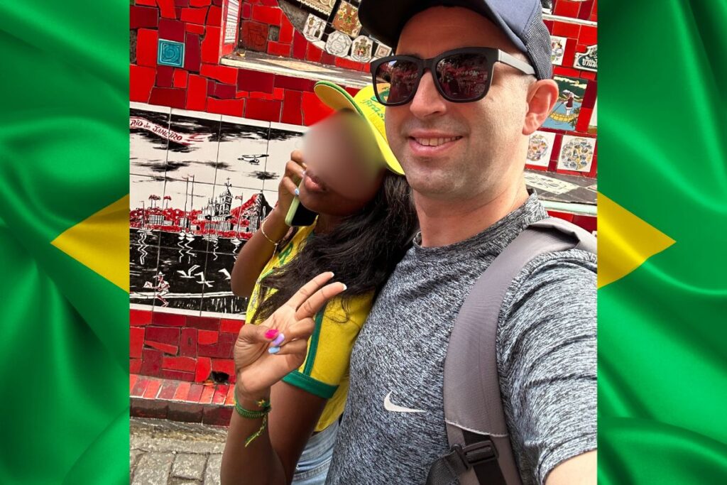 American foreigner walking with his sexy black Brazilian girlfriend in Rio de Janeiro.